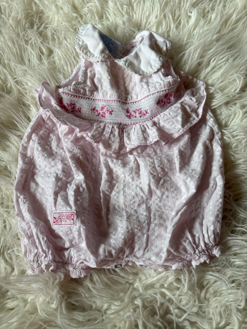 Vtg Bebe Glynne Percy Pink Smocked Floral Bubble Romper 6M